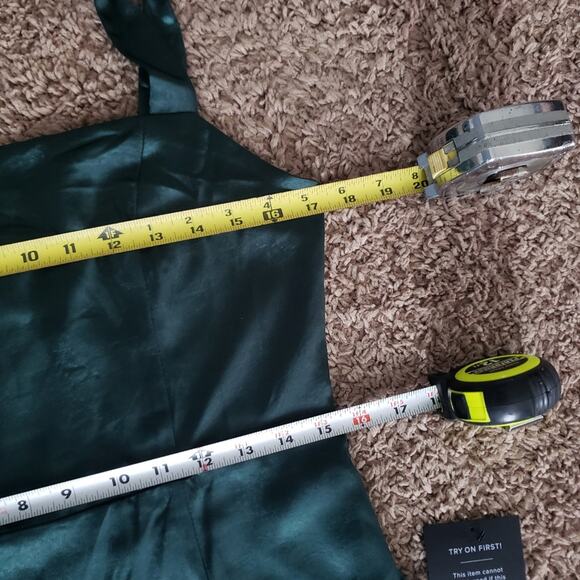 Lulus Tie Shoulder Satin Maxi Dress Green Gown Side Slit L - Picture 8 of 9